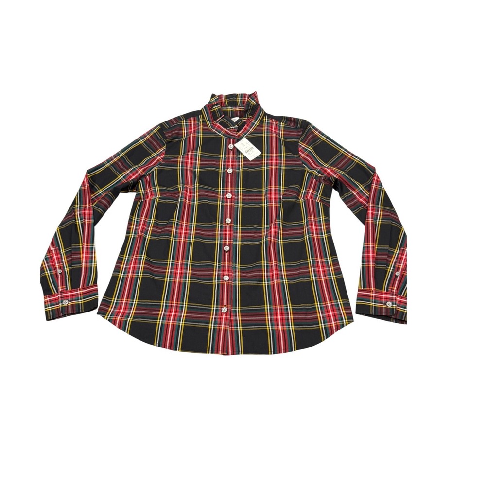J.Crew Womens Ruffle Collar Plaid Button Down Shirt Black Red Stewart M MSRP $89